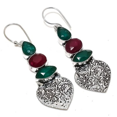 Greensimulated, Rosso Giada Gemma 925 Argento Sterling Gioielli Orecchini - Immagine 1 di 4