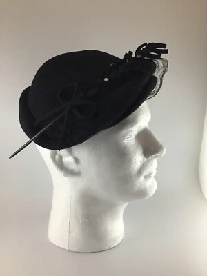 Vintage Original 40s Black Glenover Henry Pollak Wool Womens Hat Beret Lace  - Image 1 of 4