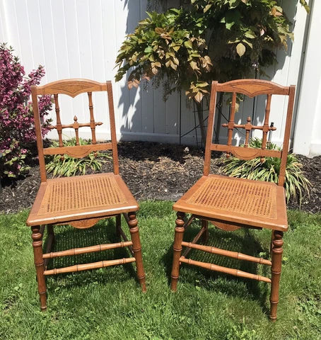 Pair Of Antique Eastlake Victorian Caned Side Chairs With Burl Wood Inlay Cover
