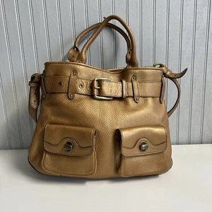 Cole Haan Metallic Gold Leather Satchel Tote Bag Purse Buckle - Great Condition - Picture 1 of 16
