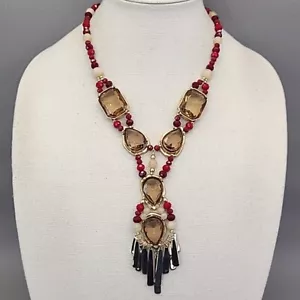 Chicos Necklace Red Beaded Brown Chunky Gold Tone Y-Drop Fringe 22" - Picture 1 of 21