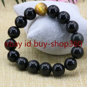 New 6/8/10/12/14mm Black Agate Yellow Tiger's Eye Gemstone Elastic Bracelet 7.5 - Picture 1 of 12