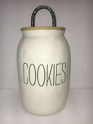 Cookie Jar Biscuit Canister Treats White Dolomite Wood and Metal Handle Pier 1 - Image 1 of 4