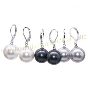 3Pairs White Gray Black Round Shell Pearl Dangle Silver Leverback Earring 8-16mm - Picture 1 of 18