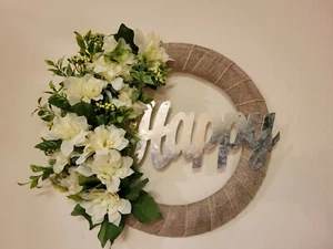 HAPPY white green Dahlias Zinnias burlap WREATH flowers Decor Front Door 16" new - Picture 1 of 6