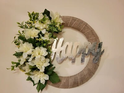 FELIZ branco verde Dália Zinnias estopa GRINALDA flores decoração porta da frente 16" novo - Imagem 1 de 4