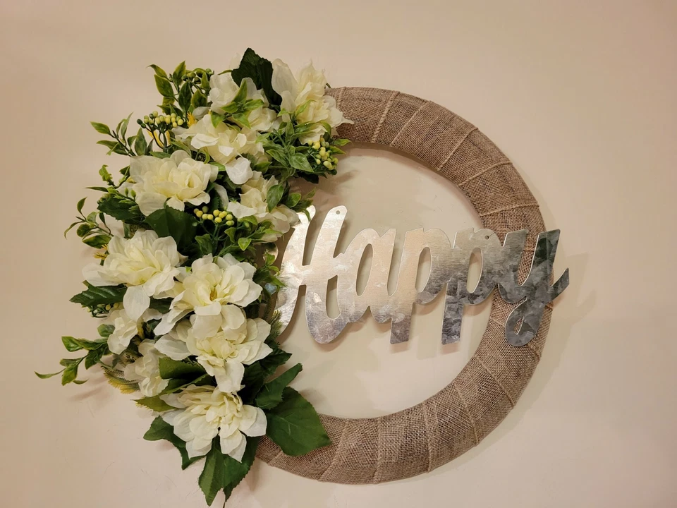 FELIZ branco verde Dália Zinnias estopa GRINALDA flores decoração porta da frente 16" novo - Imagem 1 de 4