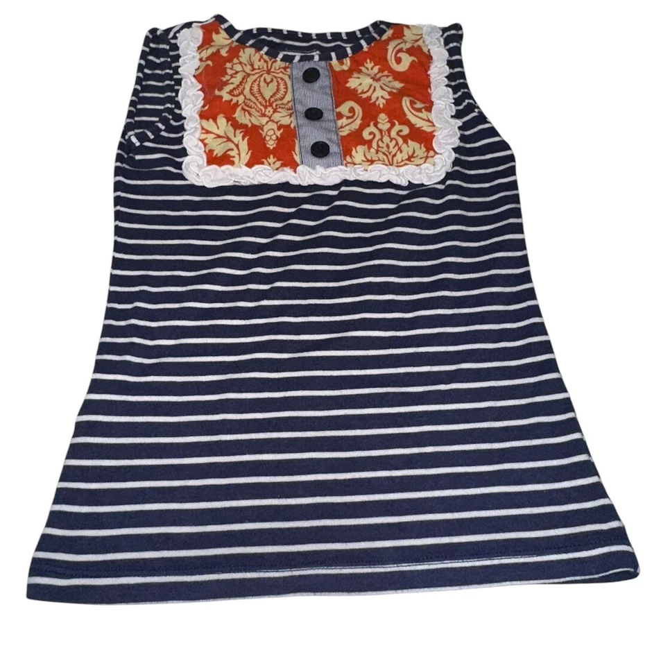 Camisa Top Persnickety Niñas Sin Mangas Talla 6 Azul Marino Rayas Naranja Floral Volantes Foto 1 de 4