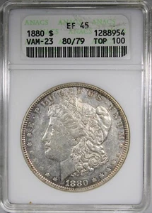 1880 Morgan Dollar ANACS XF45 TOP 100 VAM-23 80/79 Soapbox Holder - Picture 1 of 2
