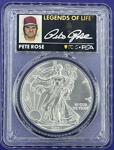 ⚾️ PETE ROSE 2021-(P) $1 PCGS MS70 Silver Eagle T-1 FDOI Legends of Life⚾️ Cover