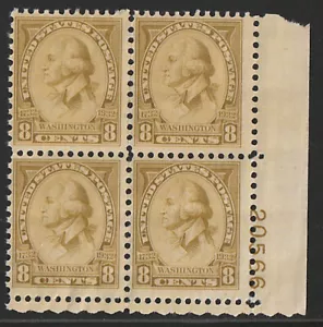 U.S. Sc. #713 Plate Block, Mint, 1932 8-cent Washington Bi., Perf 11 x 10.5 - Picture 1 of 2