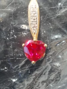 Ruby Labcreated Heart & Round Cut & Diam Lorenzo Pendant 10kt Solid Yellow Gold  - Picture 1 of 12