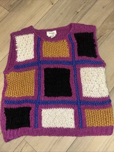 Vintage Hand knit Sweater Vest Women L Purple Granny Square Patchwork Chunky  - Picture 1 of 6