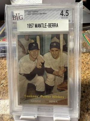 1957 Topps #407 Yankees Power Hitters Mantle y Berra en muy buena condición 4,5 Foto 1 de 3