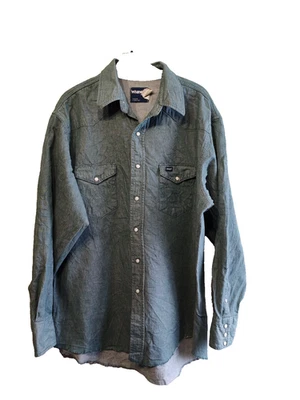 Wrangler Men Pearl Snap Shirt X-Long Tails Western 17 35 Green Denim Vintage - Image 1 of 4