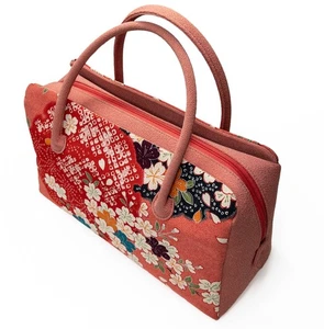 Vintage japanische Handtasche rosa Viskose Chirimen Blumenmuster - Bild 1 von 7