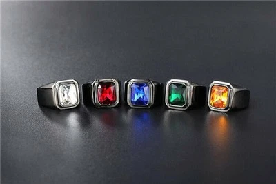 Hombres Mujeres Negro Acero Inoxidable Piedra Azul Anillo Alianza Boda Talla 7-12 Regalo Foto 1 de 4