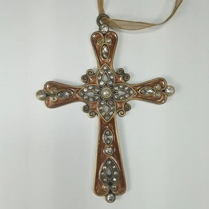 Vintage Ornate Metal Cross Enamel Over Brass Finish With Rhinestones 5 In - Picture 1 of 6