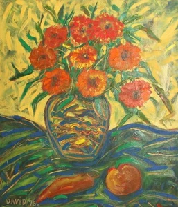 Vintage expressionist oil painting still life with flowers signed - Imagen 1 de 12