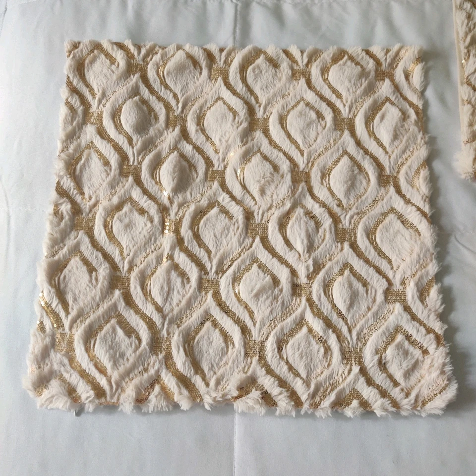 3 Gold Sequin Embroidered, Beige Faux Fur, Decorative Throw Pillow Covers 18x18 - Image 1 of 4