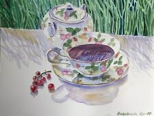 Original Aquarell Gemälde Wedgwood wild strawberry Bild für Küche Art