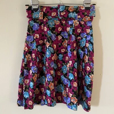 Falda vintage floral My Michelle para mujer talla 3 púrpura azul amarillo plisada con cinturón Foto 1 de 4