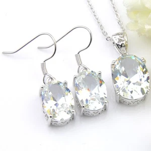 Oval Bright Fire White Topaz Silver Dangle Earrings Pendant Necklace Jewelry Set - Picture 1 of 9