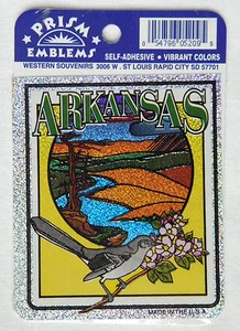 ARKANSAS Prism Emblems Self Adhesive Sticker Souvenir AR Mockingbird Ozarks NIP - Picture 1 of 2