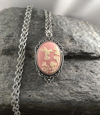 Pink Hummingbird Cameo Hidden Locket Necklace Vintage Stash Pillbox Pendant - Image 1 of 4