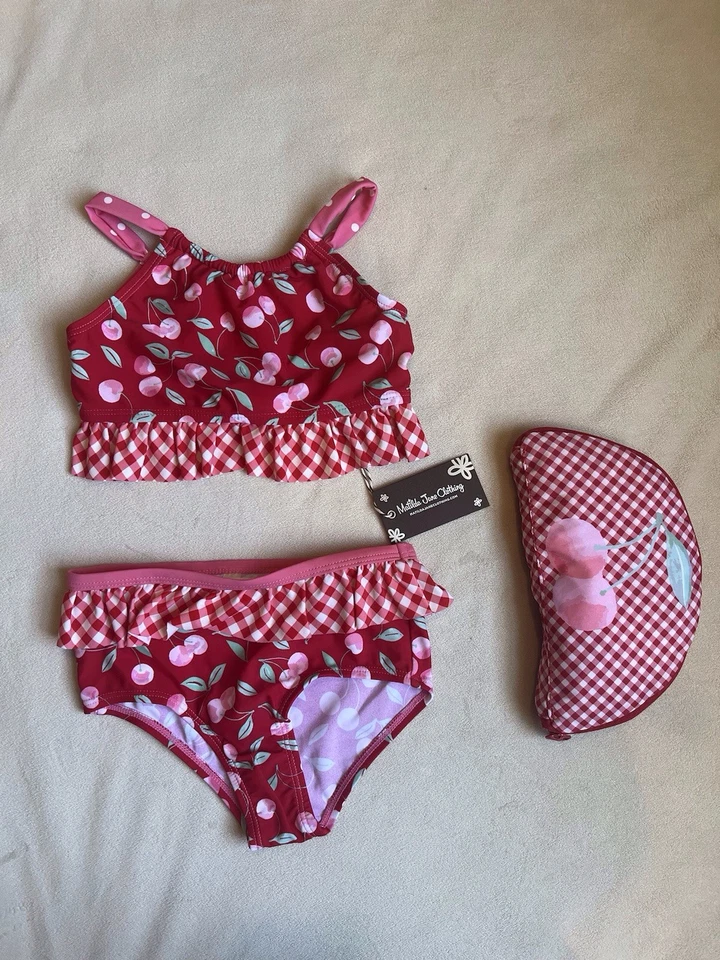 Matilda Jane Girls NWT Cherry 2 Piece Swim Suit And Carry Bag Size 6 - Image 1 of 4