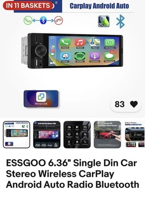 ESSGOO 6.36" Single Din Car Stereo Wireless CarPlay Android Auto Radio Bluetooth - Image 1 of 4