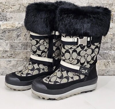 Botas de Invierno Coach Mariette Negras Acolchadas Jacquard Logo Piel de Conejo Hebilla Talla 6 Foto 1 de 4