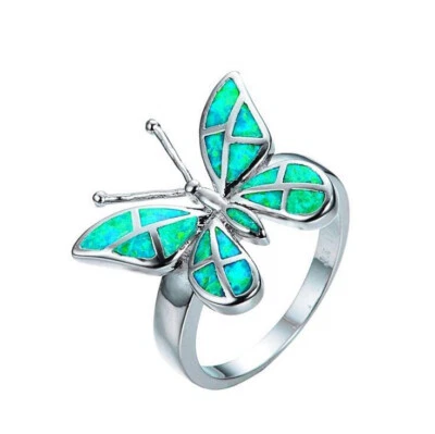 Anillos únicos mariposa azul verde blanco ópalo de fuego gema plata talla 5~11 regalos Foto 1 de 4