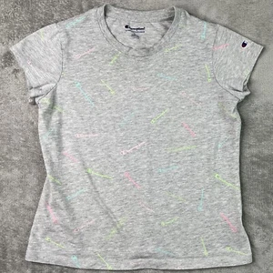 Champion Shirt Girls Extra Large Gray Short Sleeve All Over Print Spellout Tee - Picture 1 of 11