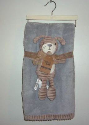 Chick Pea Puppy Dog Lovey & Baby Blanket Set Blue & Beige Ribbed Trim Sherpa New - Image 1 of 4
