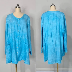 Flax Button Down Linen Tunic Jacket L Lagenlook Beachy Coastal Grandma Minimalis - Picture 1 of 8