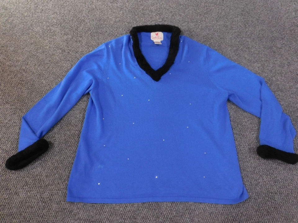 quacker factory sweater xl blue womens pullover knit v-neck beads stretch - Image 1 of 4