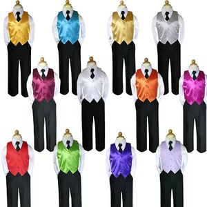 4pc Boys Teen Infant Toddler Wedding Formal Black Pants & tie + Color Vest S-20 - Picture 1 of 17