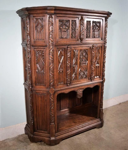 *Large Antique French Gothic Revival Cabinet/Console, Highly Carved in Oak Cover