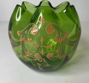 Antique Bohemian Mt Joy Vase Gold Overlay Rose Bowl Green Glass Ruffle Edge 5” - Picture 1 of 10
