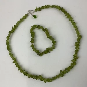 Green Peridot Collar Necklace Bracelet Set Polished Chips Sterling Silver 17.5” - Picture 1 of 11