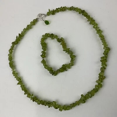 Green Peridot Collar Necklace Bracelet Set Polished Chips Sterling Silver 17.5” - Image 1 of 4
