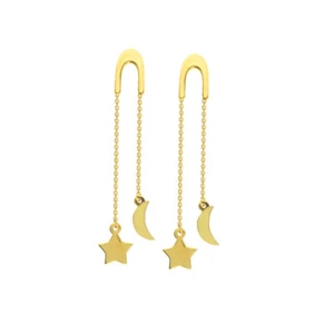 14K Solid Gold U Shape Dangle Moon Star Post Earrings Yellow  - Picture 1 of 1