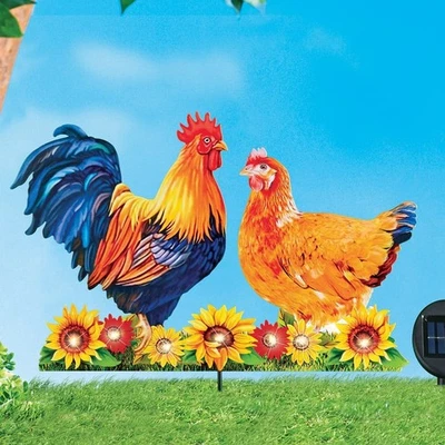 Solar LED Realistic Rooster and Hen Couple Garden Stake Metal Outdoor Yard Decor - Image 1 of 4