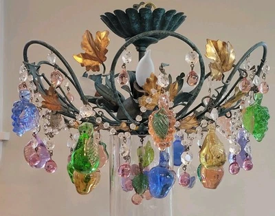 Vtg/Antique Italian Tole Gold Gilded Chandelier Murano Glass Fruits - Image 1 of 4