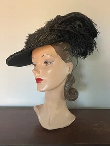 Late 1800s VICTORIAN Antique RIDING HAT with Feather Plume & JET BEAD TRIM - Picture 1 of 22