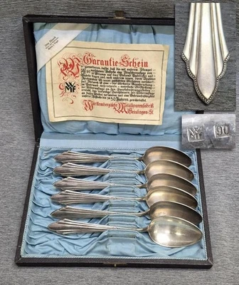 6 alte Menülöffel Jugendstil Besteck WMF 900 Fächer Perlrand 90er Garantieschein - Bild 1 von 4