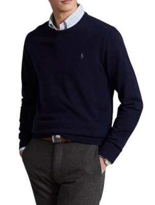 RALPH LAUREN Men Jumper L Dark Blue Wool Tight Knit Crew Neck Pullover RRP219 * - Image 1 of 4