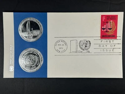 1970 UN FDC 6c Peace Justice Progress Geneva Silver Medallion Cache a246 - Image 1 of 2