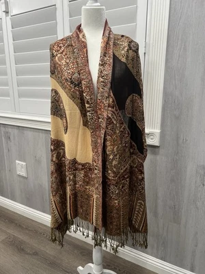 Xale vintage paisley frisado cashmere seda viscose envoltório marrom preto - Imagem 1 de 4